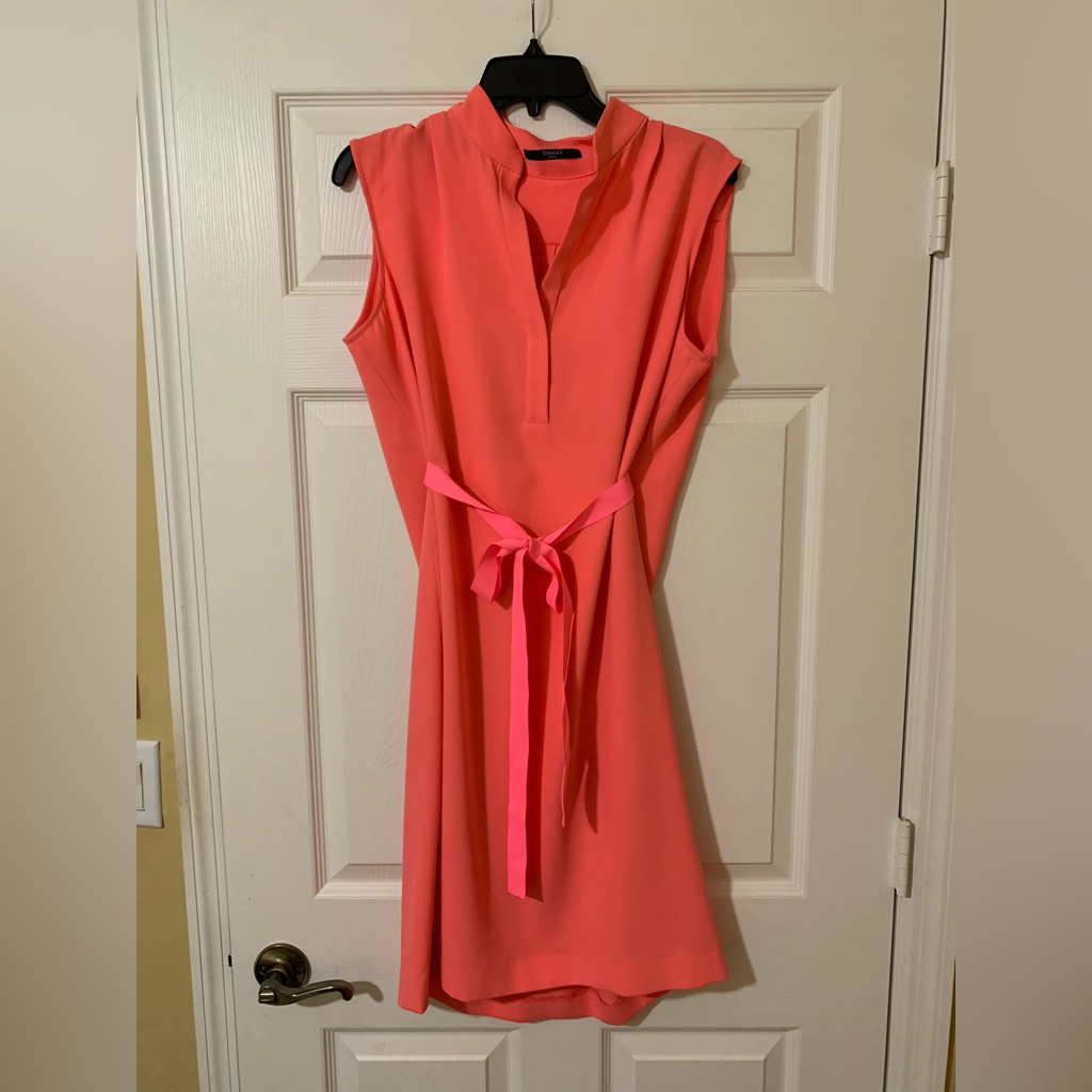Tahari Petite Sleeveless V-Neck Coral Tie Front Pleated Back Midi Dress 12p